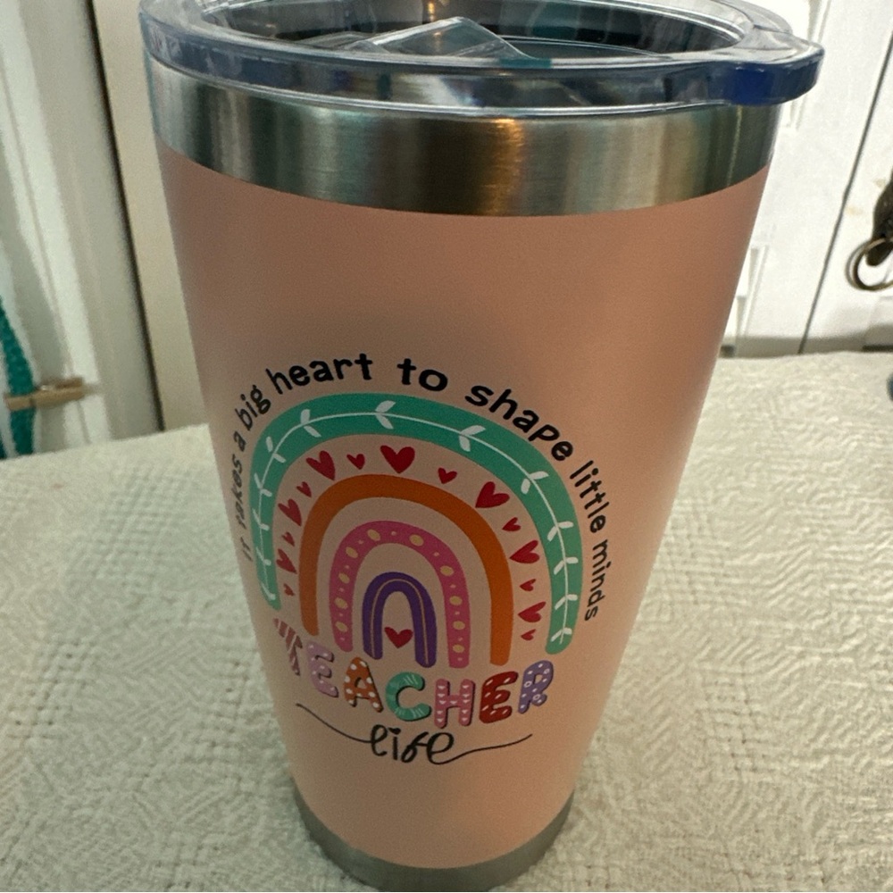Teacher Life Pink Tumbler with Rainbow Design